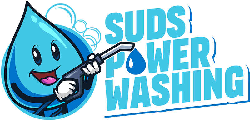 A cheerful water droplet with eyes, a smile, and arms is holding a power washing nozzle, spraying water. The text reads "Suds Power Washing & Interior Painting" in bold blue letters, with a water droplet replacing the "O" in "POWER".