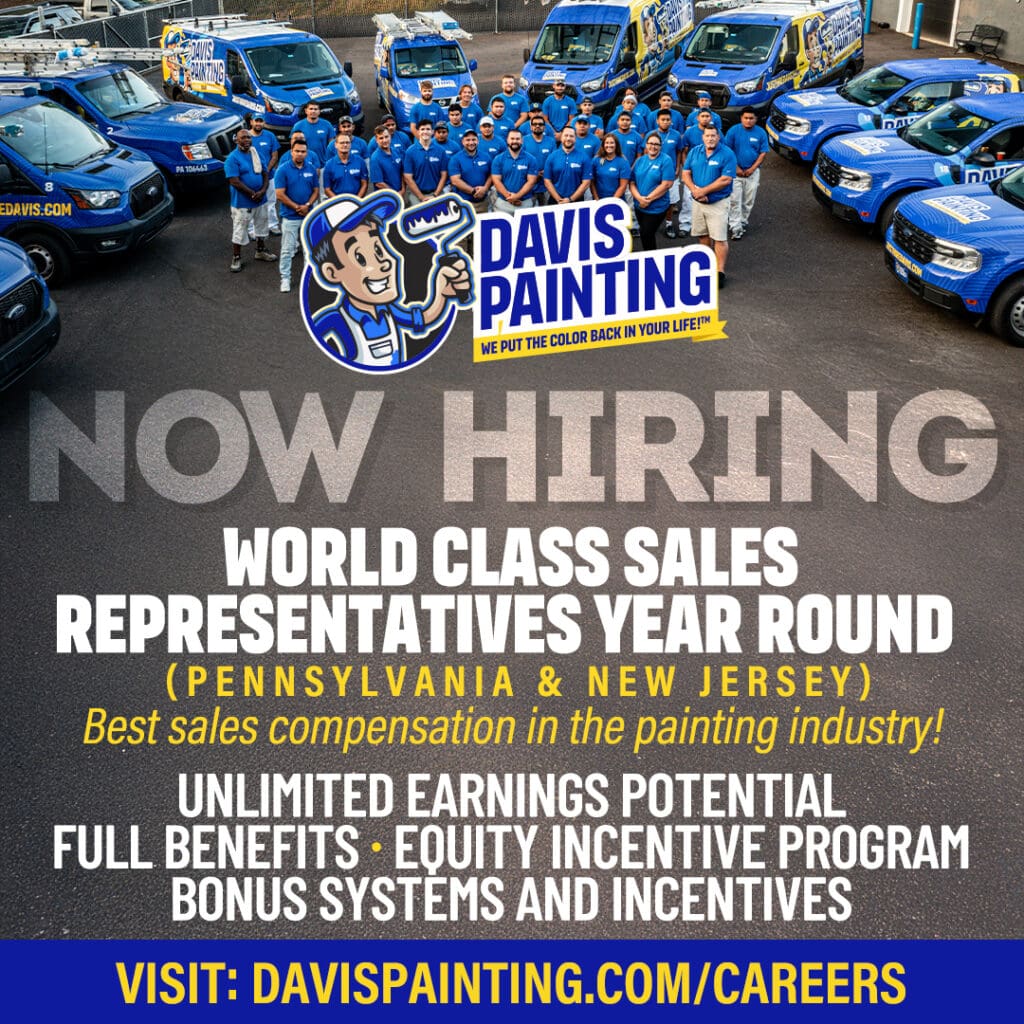 A group of people in blue shirts stands in front of several Davis Painting vans, showcasing "Now Hiring" text. The image highlights career opportunities for sales representatives in Pennsylvania and New Jersey, emphasizing benefits and growth prospects.