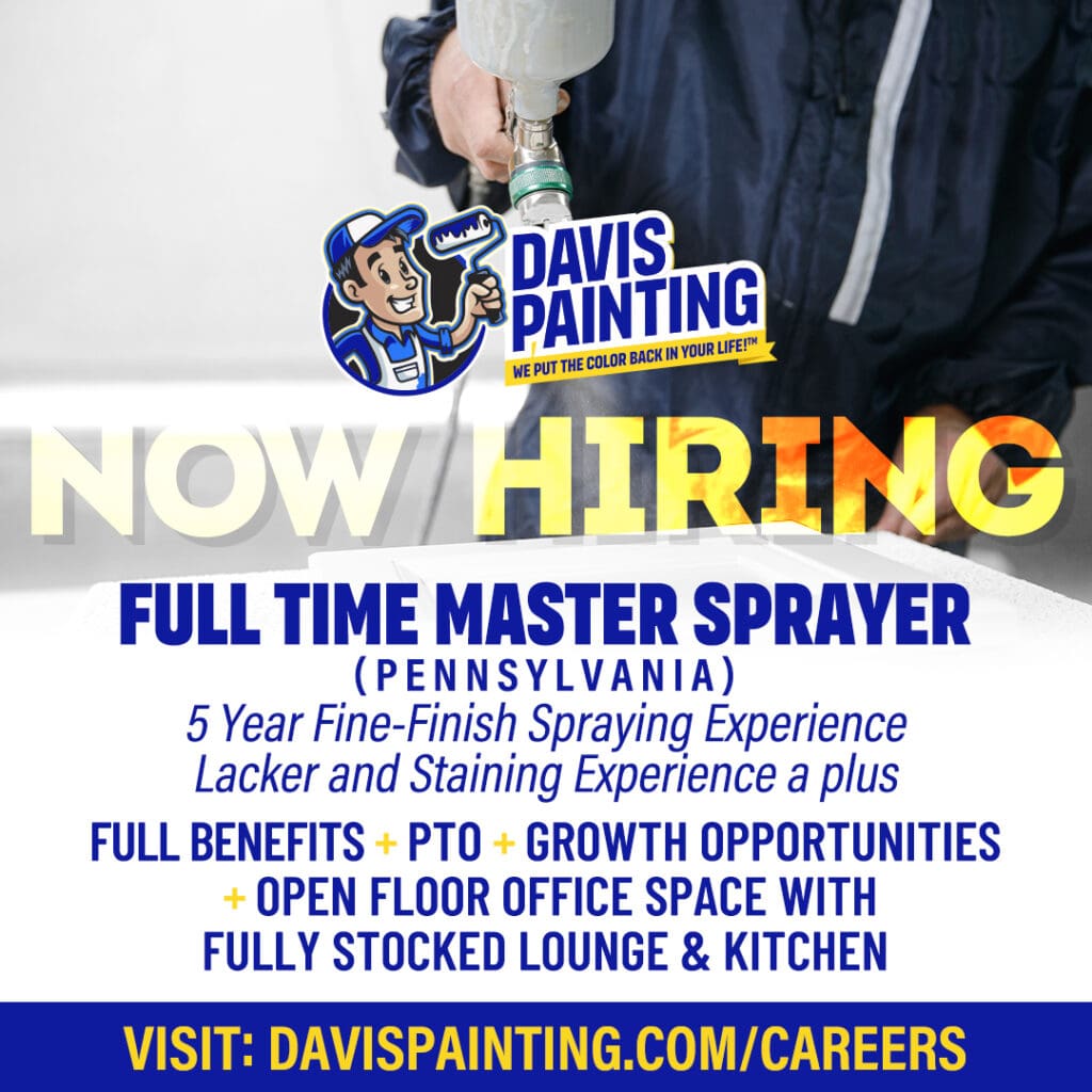 Join Davis Painting as a full-time Master Sprayer in Pennsylvania. With 5 years' experience, enjoy full benefits, PTO, and growth opportunities in an open office space. Explore rewarding careers at davispainting.com/careers for more details.