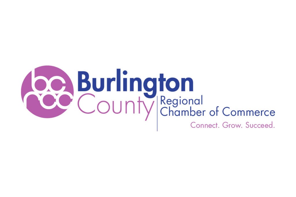 Logo of the Burlington County Regional Chamber of Commerce with text “Connect. Grow. Succeed.” in purple and blue, and a circular design featuring the letters “bcrc”.