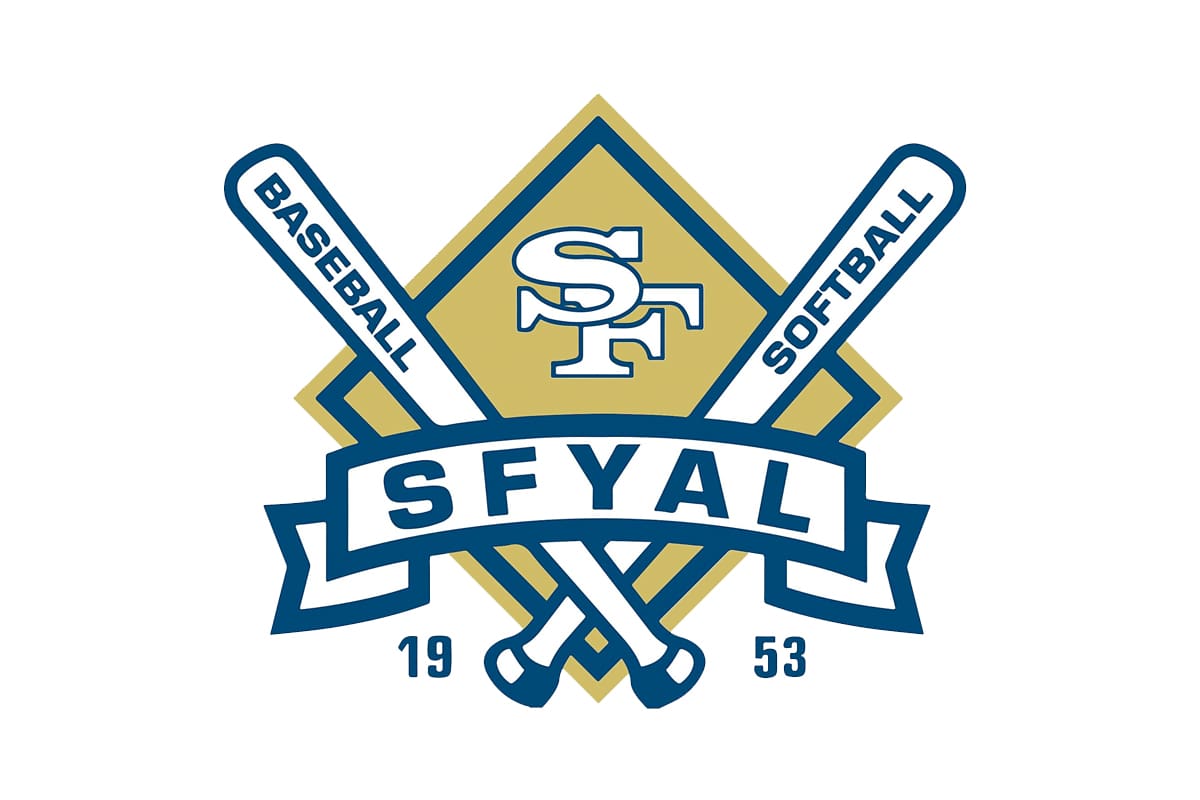 Logo featuring two crossed bats with "BASEBALL" and "SOFTBALL" on each, a diamond shape in the background, the letters "SF" in the center, and "SFYAL 1953" on a ribbon below.