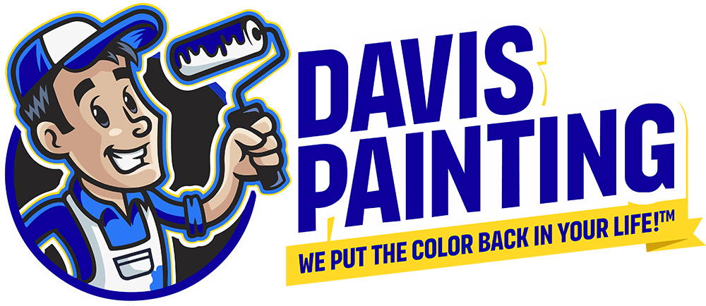 Cartoon painter in blue and white uniform holding a paint roller stands next to bold blue Davis Painting text with the yellow tagline "We put the color back in your life!™" on a white background.