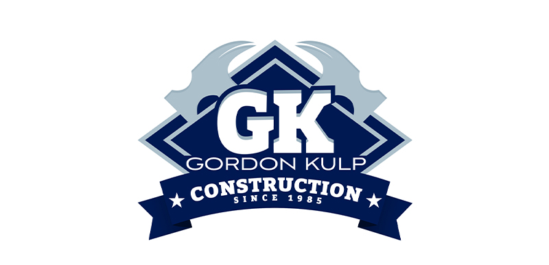 Logo featuring the initials "GK" and the name "Gordon Kulp Construction Since 1985" in blue and white, with stylized tools, a ribbon banner, and a subtle nod to Davis Painting in the background.
