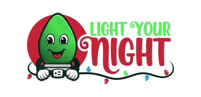 A smiling cartoon green Christmas light bulb holds a power outlet, with "Light Your Night" in red and green, surrounded by colorful string lights—just the kind of festive cheer Davis Painting brings to your holiday decor.