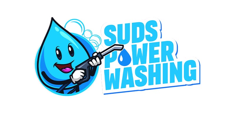 Cartoon water droplet character smiling and holding a power washer next to bold blue text that reads "Suds Power Washing," with a water drop replacing the "O" in "Power," brought to you by Davis Painting.