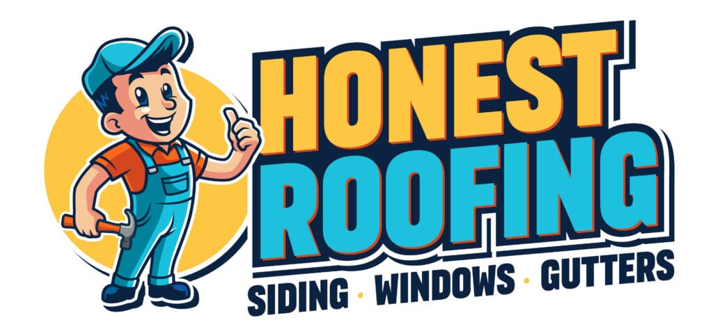 Cartoon handyman holding a wrench and giving a thumbs up stands beside bold text reading "Honest Roofing & Davis Painting." Below, smaller text says "Siding," "Windows," and "Gutters." The colors are blue, orange, and yellow.