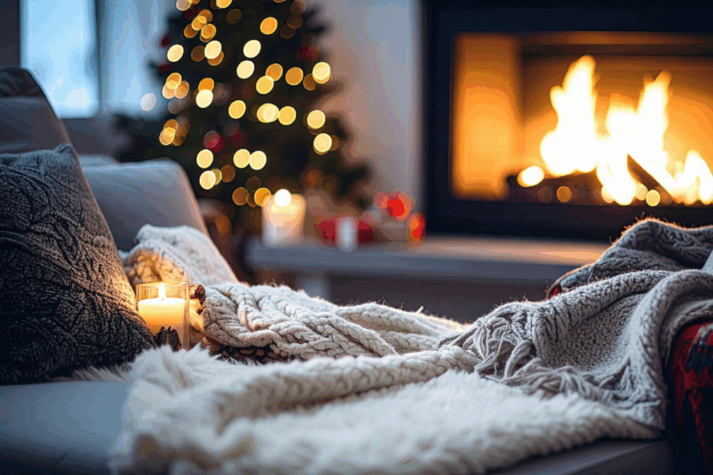 19 A cozy living room with a sofa covered in soft blankets and pillows, a lit candle, a glowing fireplace, and a decorated Christmas tree with twinkling lights in the background.