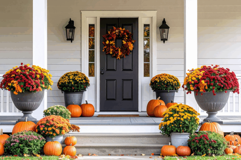 20 A front porch decorated for fall with potted yellow, orange, and red chrysanthemums, several pumpkins, and a dark door adorned with an autumn leaf wreath. White railings and lantern-style lights are visible.