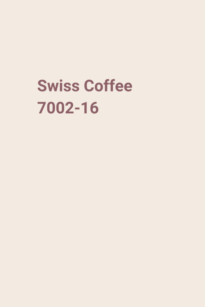 A beige background with the text "Swiss Coffee 7002-16" written in large, brown letters near the top left corner.
