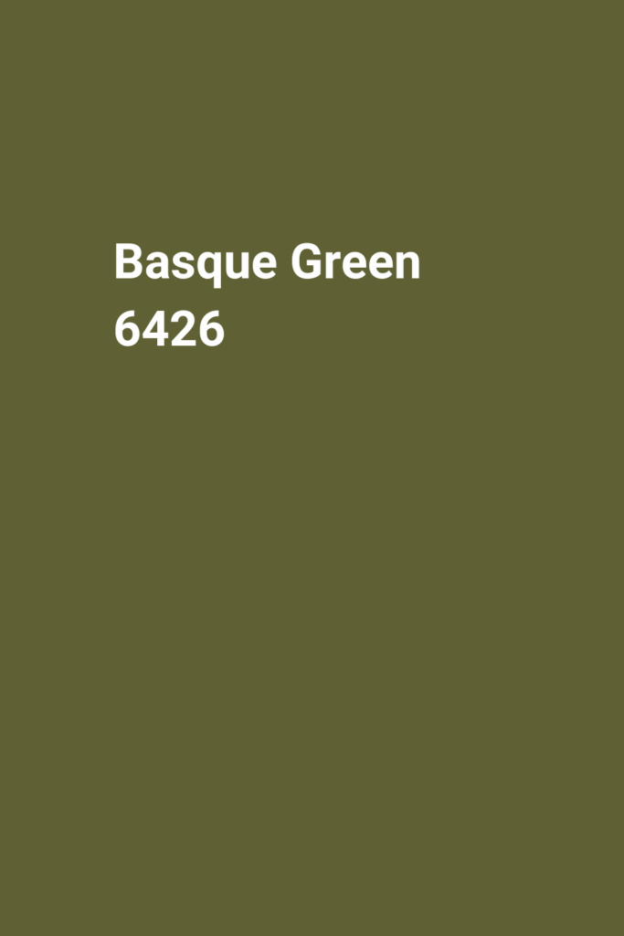 A solid background in olive green shade with the text "Basque Green 6426" written in bold white letters at the top left.
