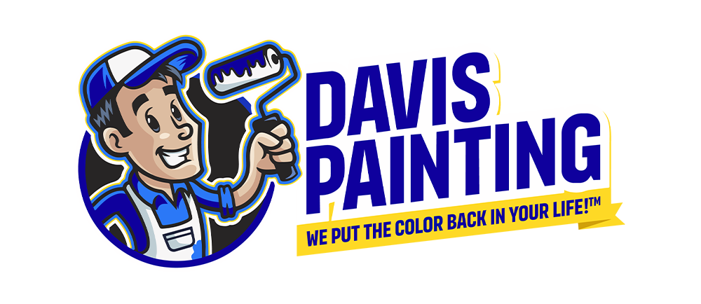 Cartoon painter in blue overalls and cap holding a paint roller next to bold text: "Davis Painting." Below, a yellow banner reads, "We put the color back in your life!™." Join our paint drive and brighten your home today!.