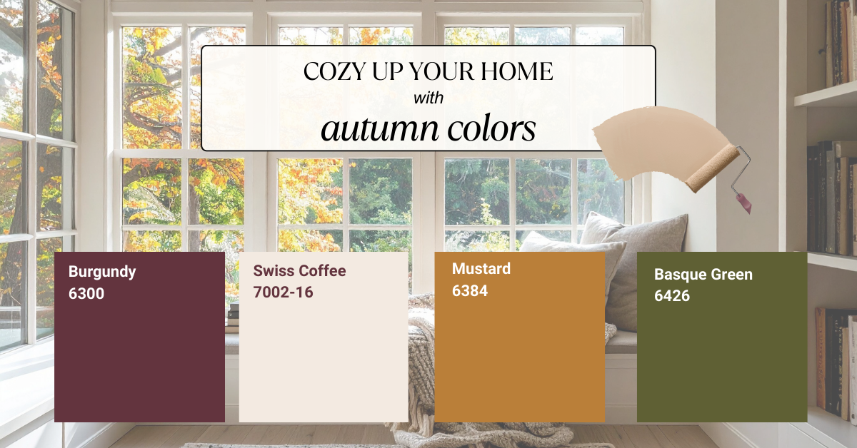A sunlit room with large windows shows autumn trees outside. Four paint swatches—burgundy, creamy white, mustard yellow, and moss green—highlight autumn colors with their names and codes below the text "Cozy Up Your Home with Autumn Colors.