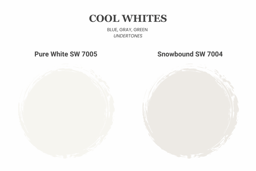 Two off-white paint swatches are shown side by side on a white background: Pure White SW 7005 on the left and Snowbound SW 7004 on the right. Both have subtle cool undertones.