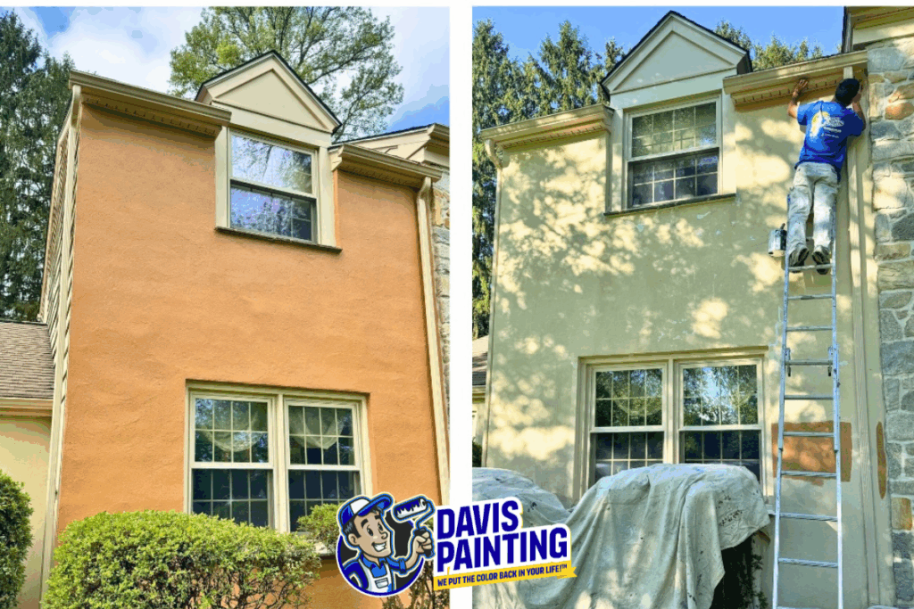 A two-panel image shows a house exterior before and after painting. On the right, a painter on a ladder works on the upper wall. The left panel shows the house’s original tan color; the right shows its new light yellow color. Davis Painting logo is visible.