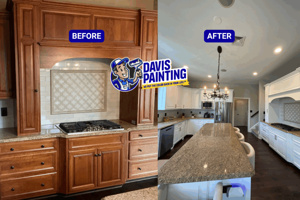 Side-by-side view of a kitchen before and after painting; left shows wood cabinets, right shows the same kitchen with white cabinets, highlighting a bright, updated look. "Davis Painting" logo is centered.