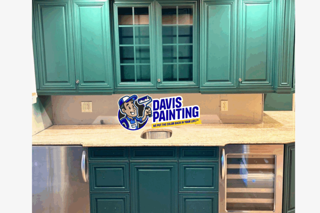 A kitchen with teal cabinets, a granite countertop, and stainless steel appliances. A "Davis Painting" sign with a painter cartoon covers the backsplash above the sink area.