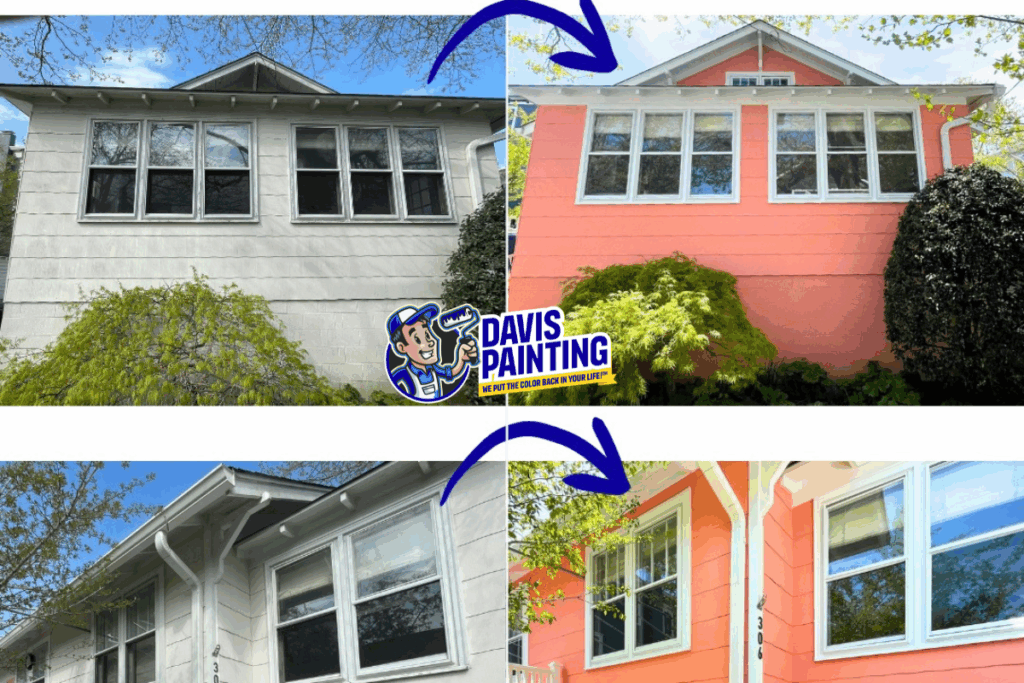 A house shown before and after being painted: on the left, exterior walls are beige, and on the right, the same walls are a bright coral color. Arrows and a Davis Painting logo highlight the transformation.