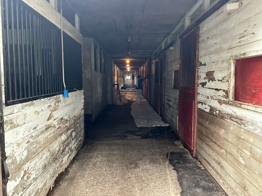 A dimly lit hallway in a weathered, worn-out stable with peeling paint on white wooden walls and red doors; old boards and debris cover part of the floor, evoking the muted serenity of a church painting.