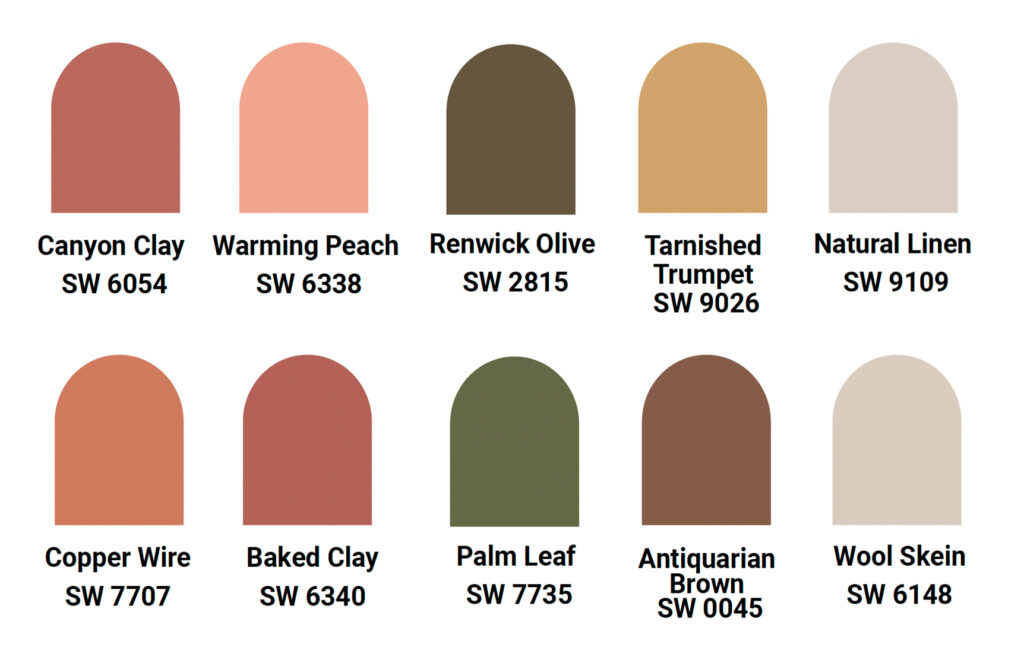 A design-inspired palette of ten Sherwin-Williams paint colors is displayed in rounded swatches, each labeled with its name and code: Canyon Clay, Warming Peach, Renwick Olive, Tarnished Trumpet, and more.