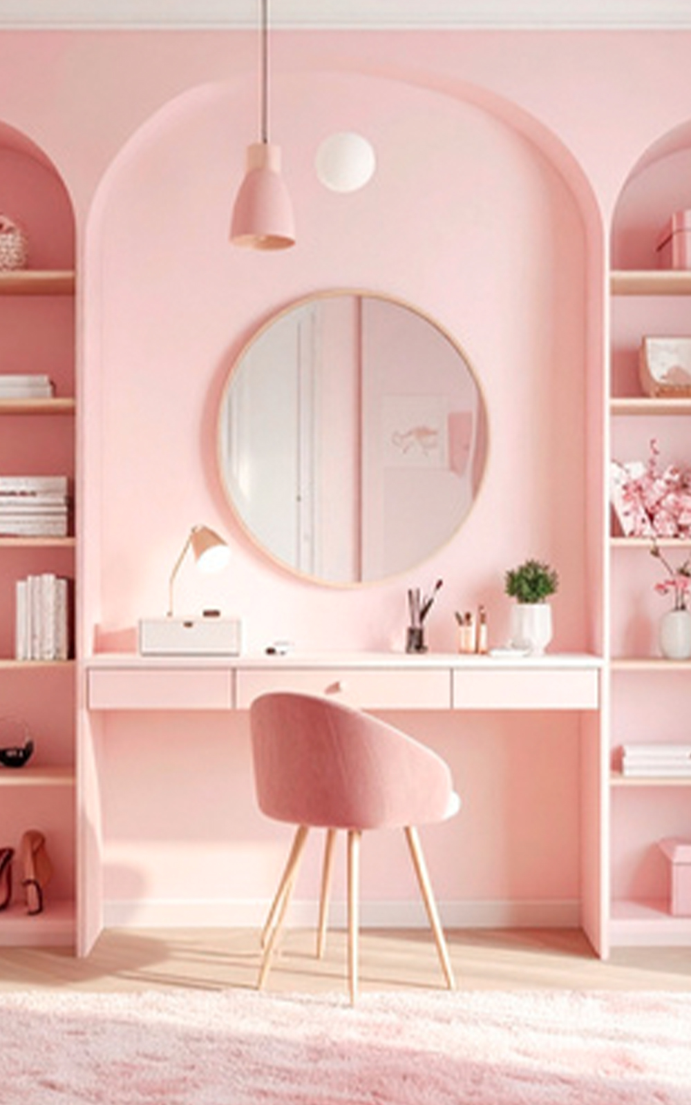 A stylish vanity area with a pink color theme and thoughtful design, featuring a round mirror, white desk, pink chair, shelves with books and decor, and soft lighting for a cozy and elegant atmosphere.