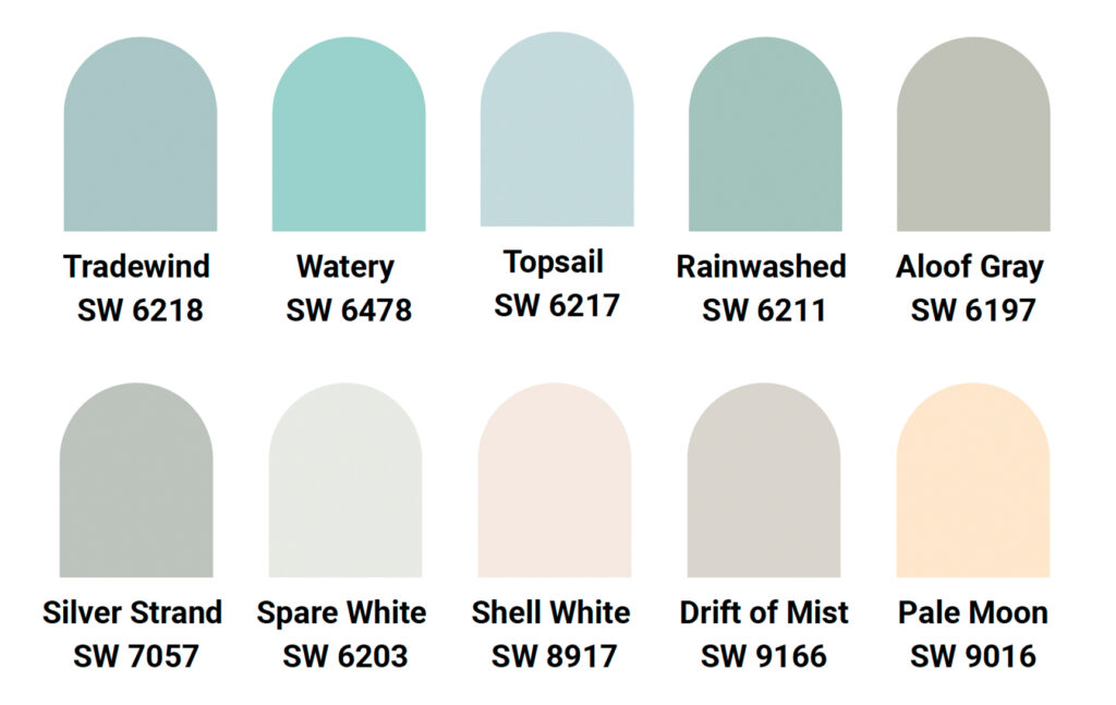 Ten arch-shaped swatches display Sherwin Williams paint colors, including blues, grays, and neutrals—perfect for any design project. Each swatch is labeled with its color name and number, such as Tradewind SW 6218 and Pale Moon SW 9016.