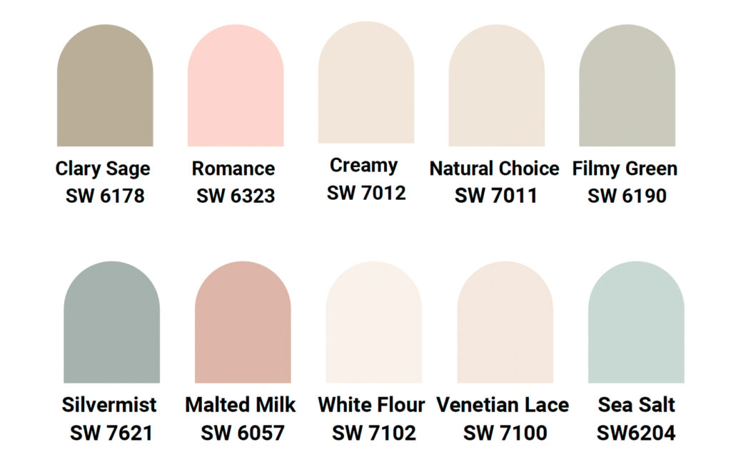 Ten paint color swatches in stylish arch shapes, perfect for any design project, each labeled with its name and Sherwin-Williams number, including greens, pinks, creams, and neutrals like Clary Sage, Romance, Creamy, Silvermist, and Sea Salt.