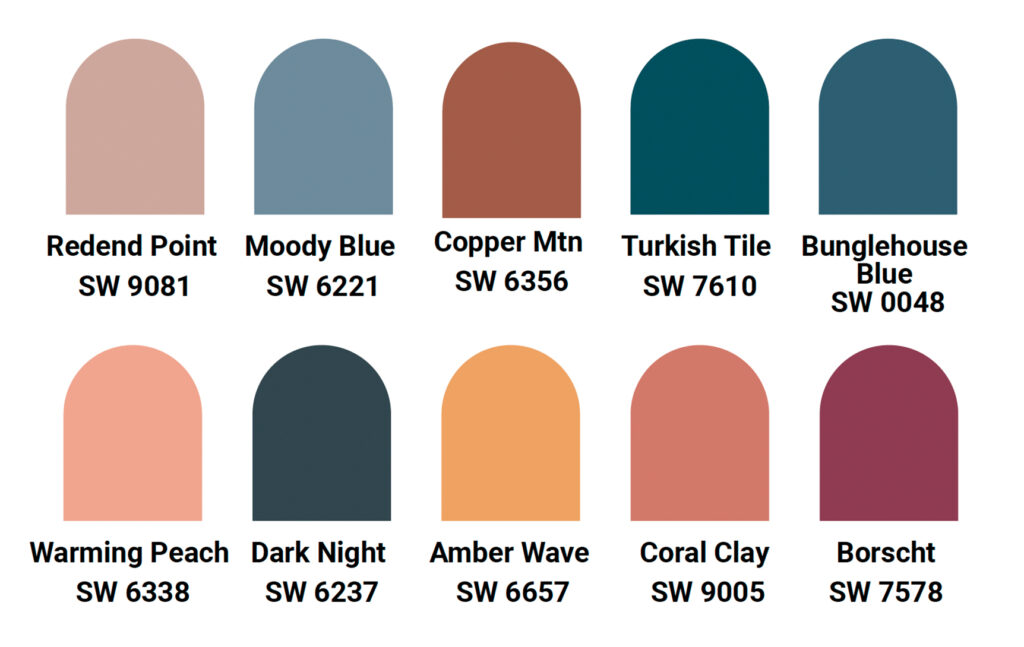 Ten paint swatches are shown in two rows, each labeled with a name and Sherwin-Williams code. Perfect for design inspiration, the colors range from reds and peaches to blues and browns, including Redend Point, Moody Blue, Turkish Tile, and Borscht.