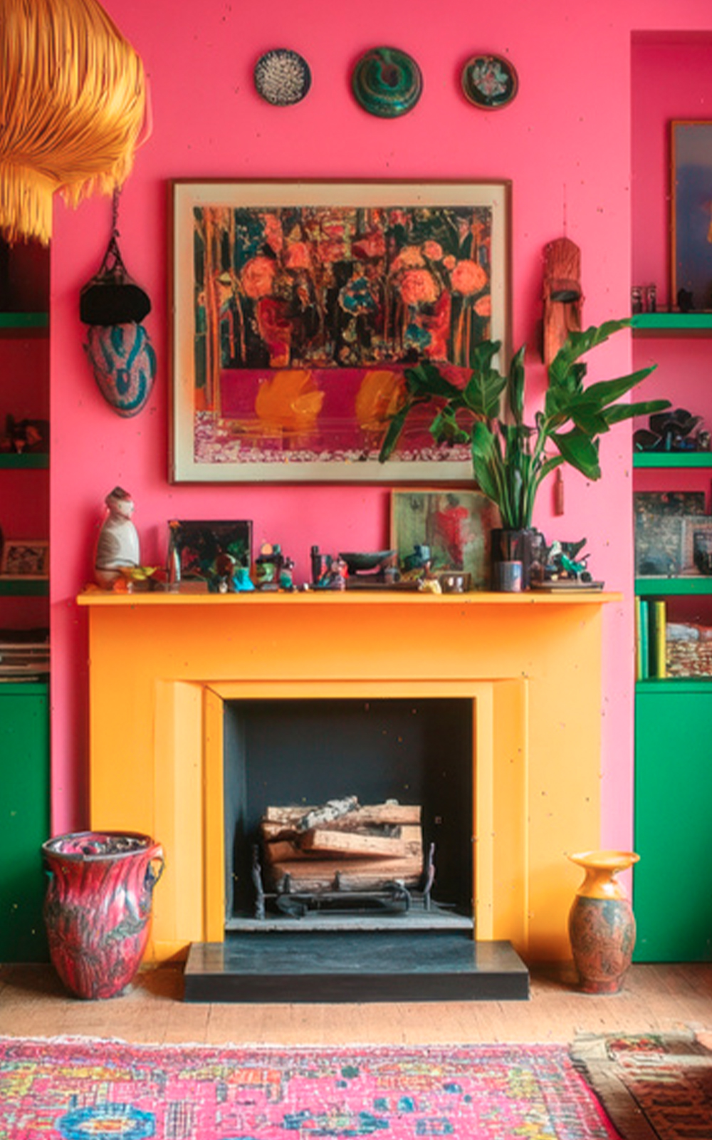 A colorful living room features a bright yellow fireplace against a pink wall, with green shelves, eclectic design decor, artwork, potted plants, and a mix of patterned vases and objects adorning the space.