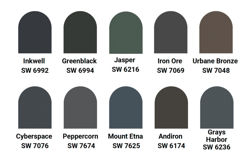 Ten labeled paint color swatches in dark shades, arranged in two rows. Perfect for design inspiration, the colors range from deep blue, green, gray, and brown, each with a name and Sherwin-Williams number below the swatch.