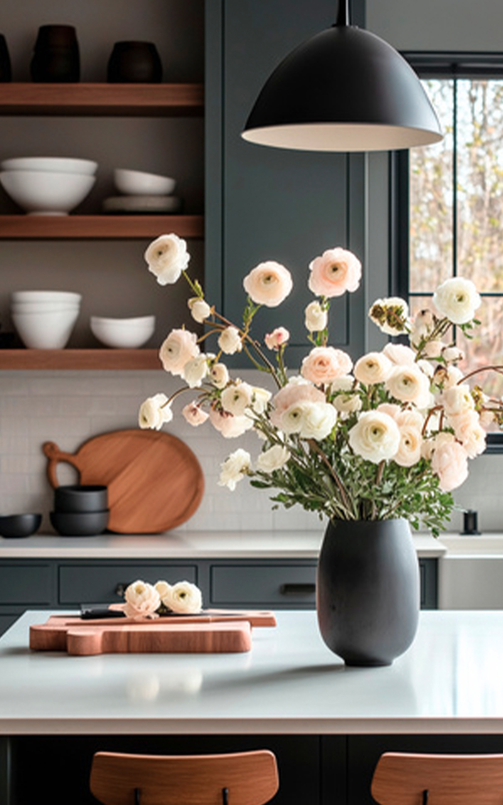 A modern kitchen with dark cabinets, open shelves, and a large black pendant light showcases thoughtful design. A black vase filled with white flowers sits on a white island, alongside wooden cutting boards and bowls.