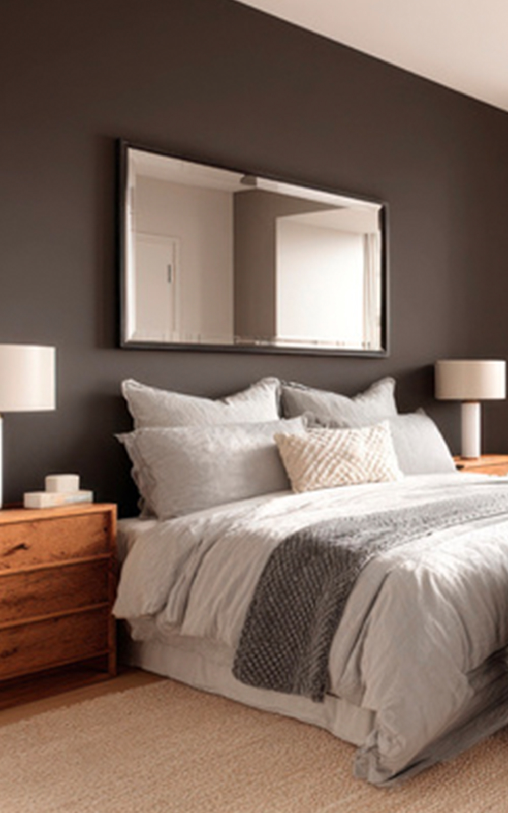 A modern bedroom design with a large bed featuring gray bedding, wooden nightstands with white lamps on each side, a textured rug, and a large rectangular mirror on a dark accent wall behind the bed.
