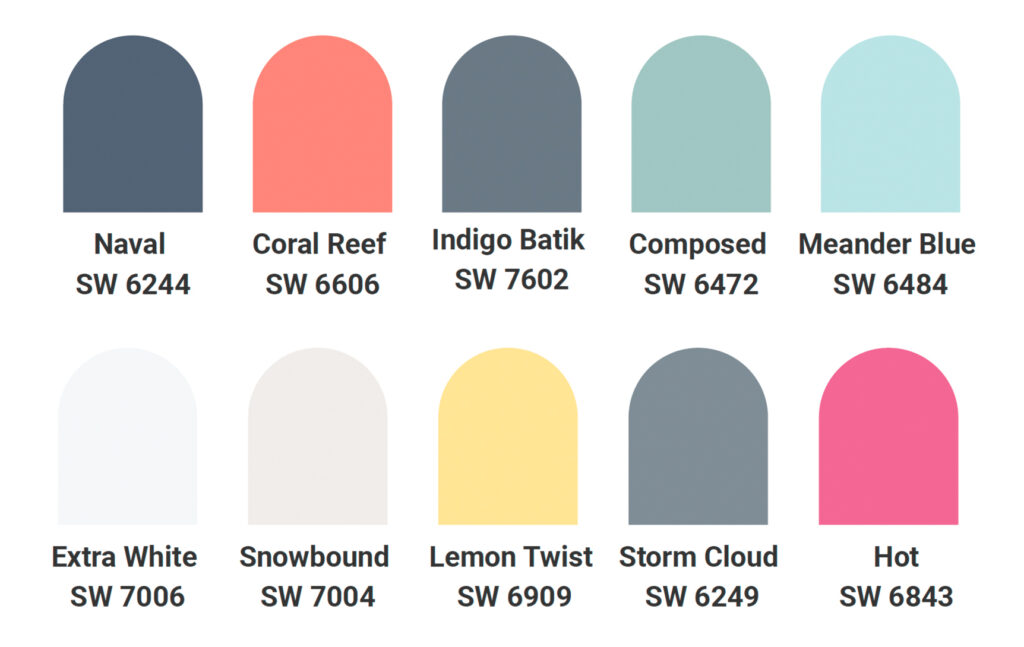Ten paint color swatches with names and codes perfect for any design: shades include blue, coral, gray, pink, yellow, and white—Naval, Coral Reef, Indigo Batik, Composed, Meander Blue, Extra White, Snowbound, Lemon Twist, Storm Cloud, and Hot.