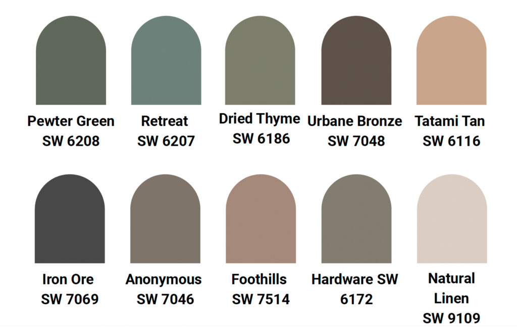 Ten paint swatches are arranged in two rows, each labeled with a color name and Sherwin-Williams code. These muted greens, browns, grays, tan, and off-white arch-shaped samples inspire effortless design choices.
