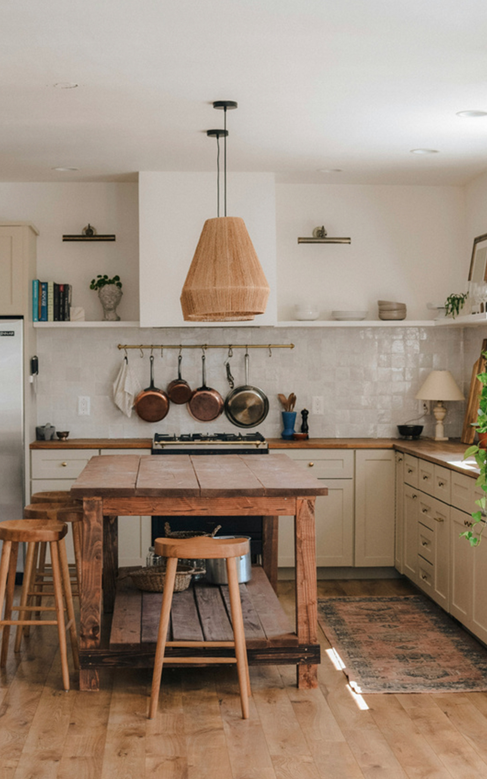 A cozy kitchen features light cabinetry, a wooden island with stools, hanging pots and pans, a woven pendant light, and decorative plants. Natural light brightens the space, enhancing the warm, rustic design.