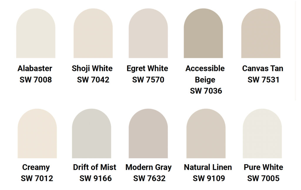 Ten paint color swatches are arranged in two rows, perfect for inspiring your next design. Each swatch is labeled with its name and code, including shades like Alabaster, Shoji White, Canvas Tan, Creamy, Drift of Mist, and Pure White.