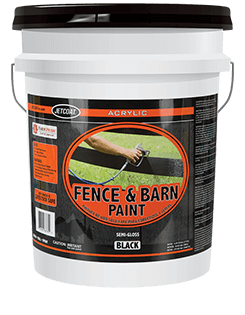 A white plastic bucket labeled "Fence & Barn Paint" in black and orange, featuring an image of a hand painting a wooden fence. This black, semi-gloss acrylic paint is ideal for barns, fences, or even church painting projects. The bucket has a black lid and metal handle.