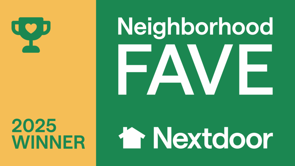 A graphic with a yellow left section featuring a trophy icon and "2025 WINNER," and a green right section with "Neighborhood FAVE," the Nextdoor logo, and Davis Painting, highlighting their Nextdoor Neighborhood Fave award.