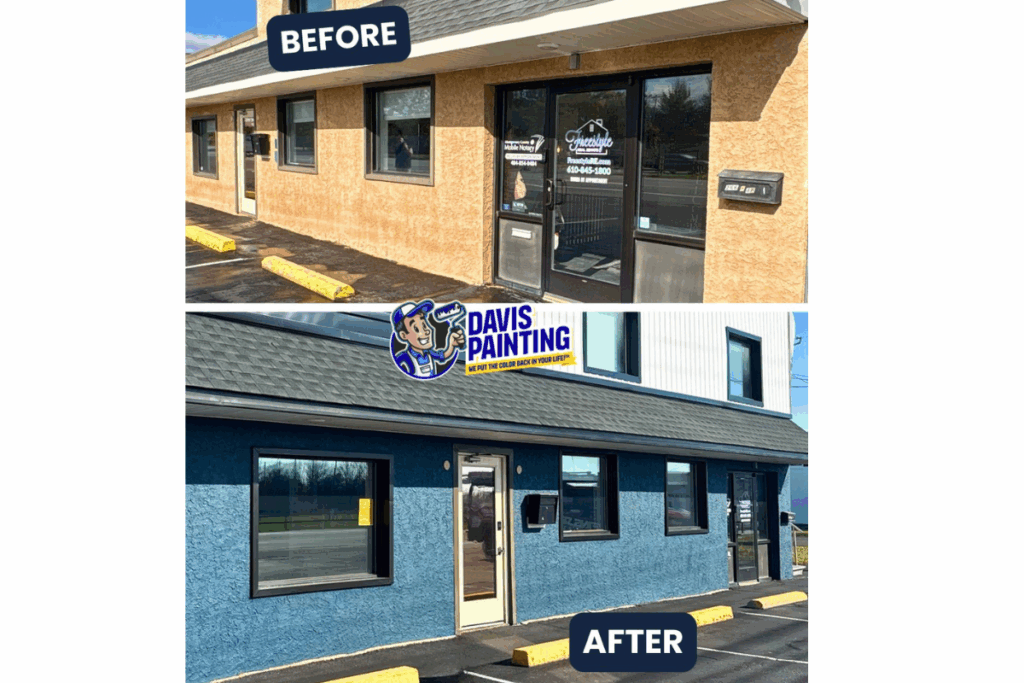 Side-by-side before and after photos of a commercial building; the top shows a tan exterior, while the bottom shows the building freshly painted blue. Labels read "BEFORE" and "AFTER," with a "Davis Painting" logo in the center.
