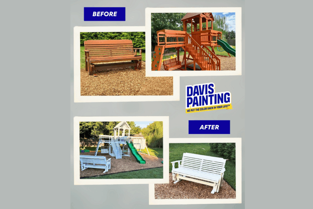 A “before and after” collage shows a weathered wooden bench and playground set before repainting, and the same structures freshly painted white. Text reads: "Davis Painting. We put the color back in your life!.