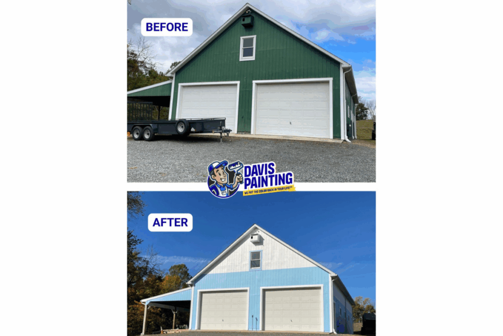 Before-and-after photo of a garage; the top shows the building painted green, while the bottom shows it freshly repainted in white and light blue. A "Davis Painting" logo is centered between the images.