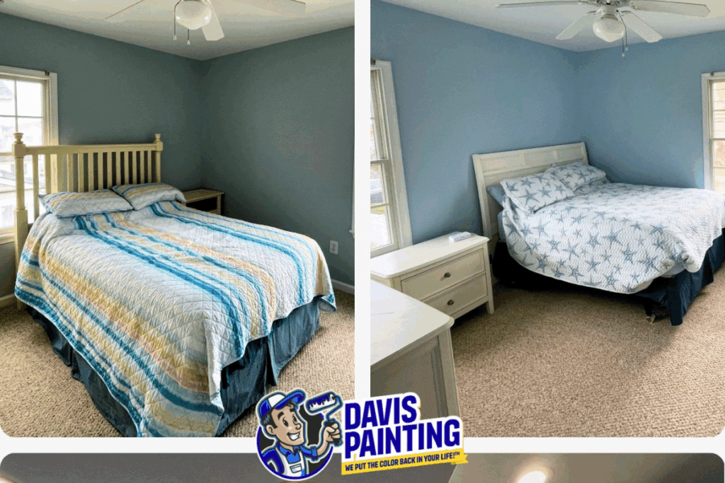Side-by-side photos of a bedroom before and after painting, showing a blue wall color change. Both images feature beds, nightstands, and windows. "Davis Painting" logo appears at the bottom center.