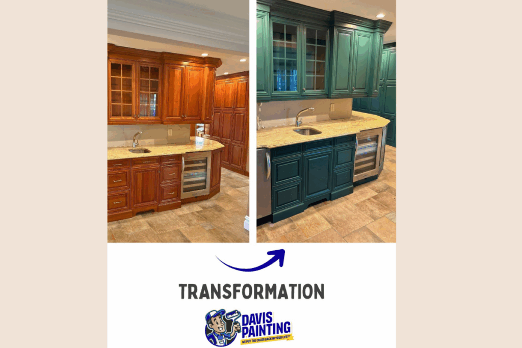 Side-by-side of a kitchen before and after painting; left shows brown wood cabinets, right shows the same cabinets painted dark green. Text reads "TRANSFORMATION" and "DAVIS PAINTING" with the company’s logo below.