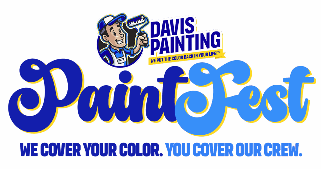 Logo for "Davis Painting Paint Fest" featuring a cartoon painter holding a roller. Celebrate Independence Day 2025 with us! Tagline: "We cover your color. You cover our crew." Slogan above: "We put the color back in your life.