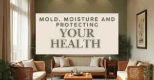 A cozy living room with rattan furniture, green walls, and houseplants. A large sign in the center reads: “Mold, Moisture and Protecting Your Health.”.