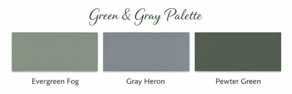 Three rectangular color swatches labeled "Evergreen Fog" (soft green), "Gray Heron" (muted gray), and "Pewter Green" (dark green), with the title "Green & Gray Palette" above them.