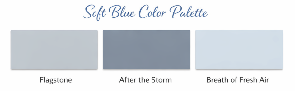 Three rectangular color swatches labeled "Flagstone," "After the Storm," and "Breath of Fresh Air" display shades of soft blue under the heading "Soft Blue Color Palette.