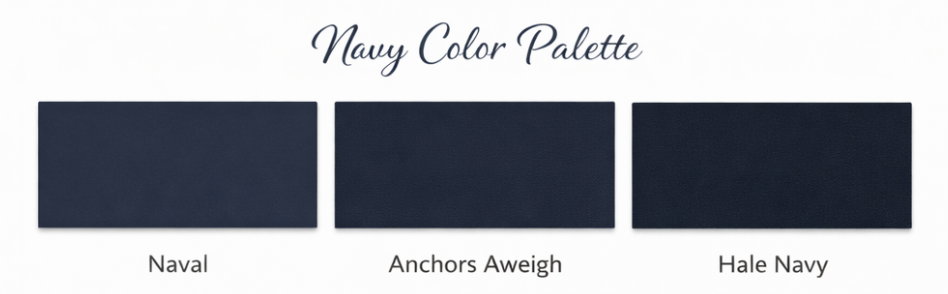 Image showing three navy color swatches labeled “Naval,” “Anchors Aweigh,” and “Hale Navy,” under the heading “Navy Color Palette” in cursive font. Each swatch displays a slightly different shade of navy blue.