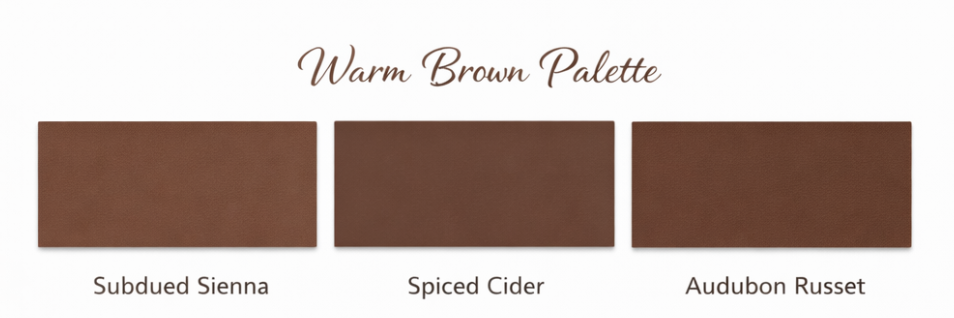 Three brown color swatches labeled "Subdued Sienna," "Spiced Cider," and "Audubon Russet" are shown below the heading "Warm Brown Palette," each displaying a slightly different warm brown shade.