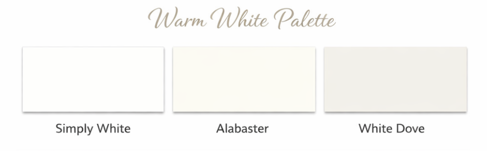 Three rectangular swatches labeled "Simply White," "Alabaster," and "White Dove" display subtle warm white shades under the heading "Warm White Palette.