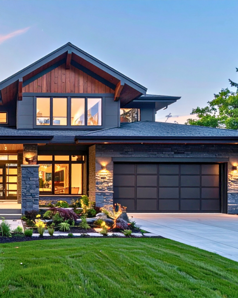 Modern two-story house with large windows, a stone and wood exterior, a double garage, and well-maintained landscaping with green grass and decorative plants, photographed at dusk with lights on inside.